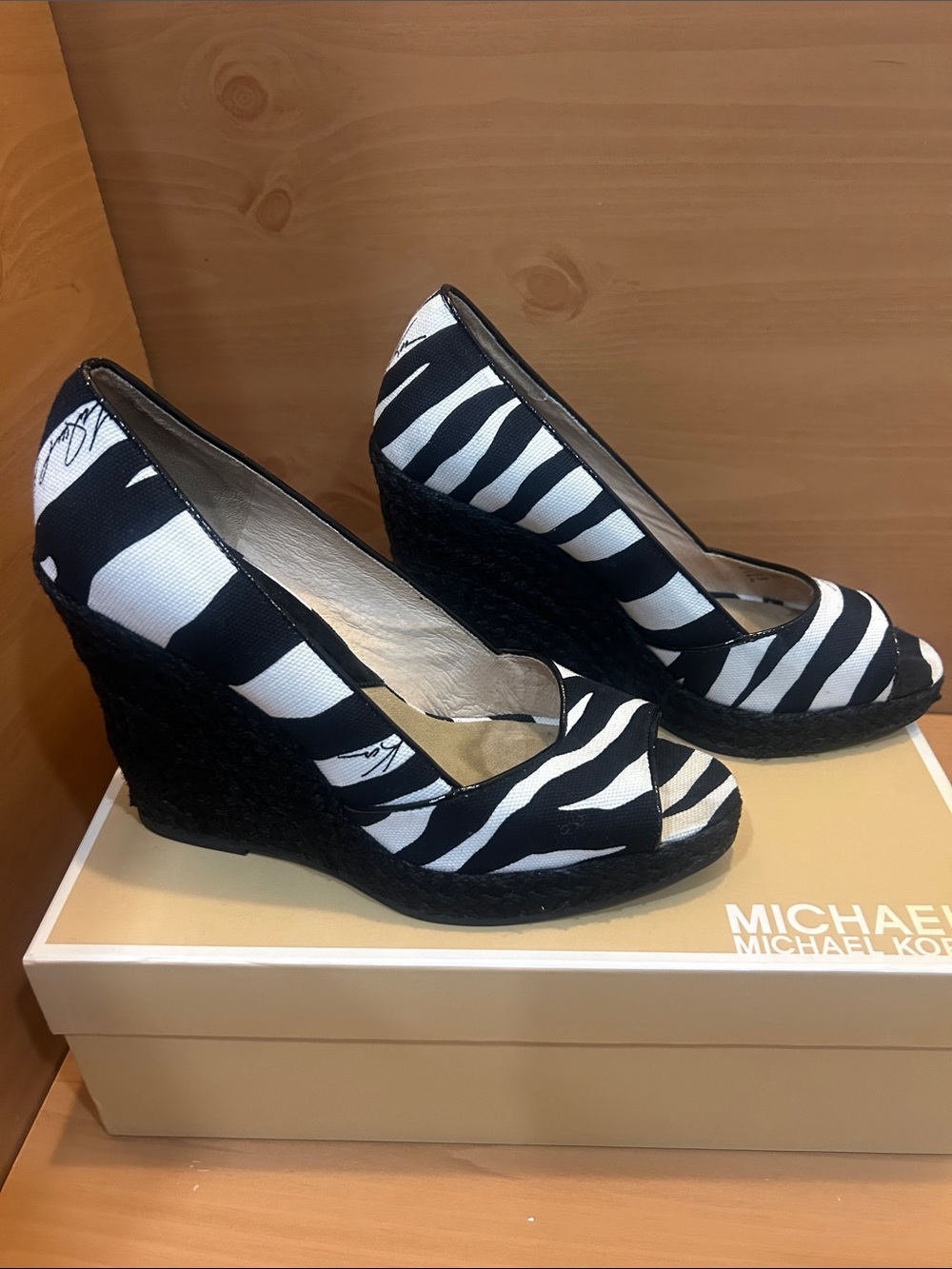 Michael Kors Black & White Zebra Peep-Toe Wedges